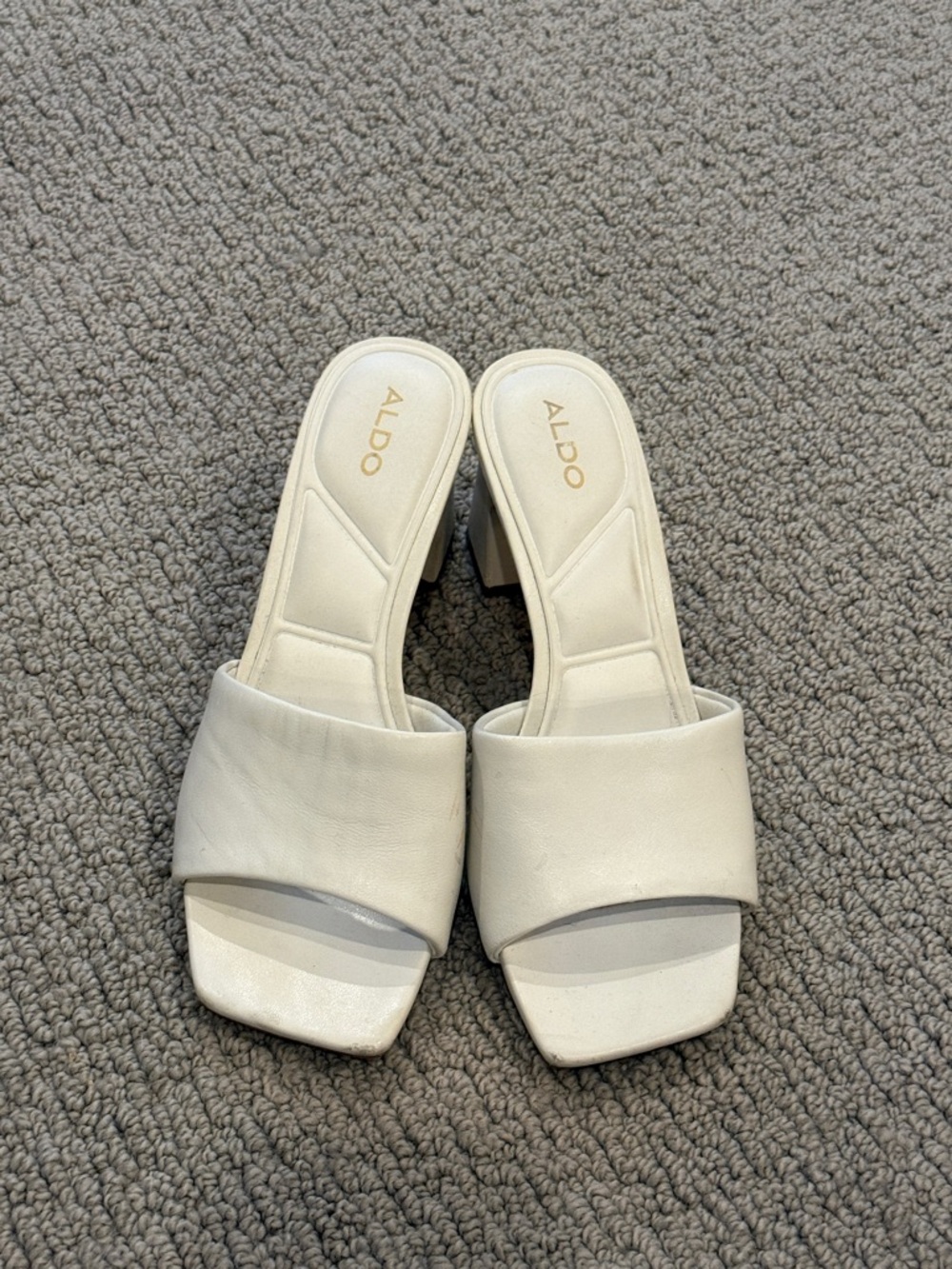 Aldo White Leather Square-Toe Slide Mules